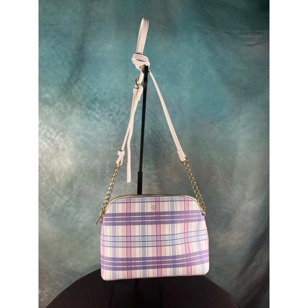 Nanette Lepore Purple Blue Plaid Dome Crossbody‎ Bag Gold Chain Strap Pastel